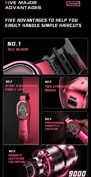 Kemei KM-8502 cordless hair clipper kit for home grooming with multiple attachments and charging base, in black and silver.