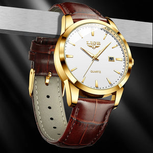 Men's LIGE leather watch with chronograph features, waterproof design, and military style, shown in a close-up image.