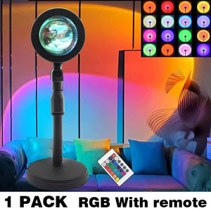 Hot Trend Vault Sunset Lamp with 16 RGB color options creating mood lighting for living rooms and bedrooms.