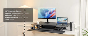 Redlife standing desk converter with wireless charger, adjustable height, and spacious surface for office workspace.