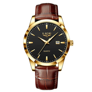 LIGE men's leather chronograph watch with waterproof and military design, featuring a black dial and metal strap.