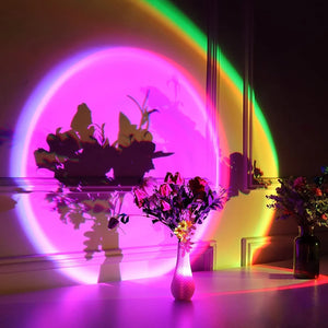 Hot Trend Vault Sunset Lamp with RGB lights displaying 16 colors, remote control, ideal for photography and ambient lighting.