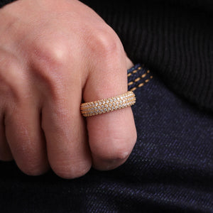 Mens cubic zirconia ring with iced out design, 24K gold plating, hip hop street jewelry by Hot Trend Vault.
