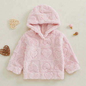 Emmababy girls plush hooded sweatshirt with long sleeves, cozy heart pattern, perfect for autumn and winter, by Hot Trend Vault.
