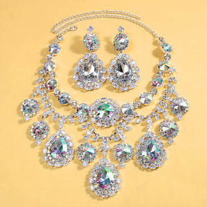 Colorful rhinestone jewelry set for women featuring a water drop necklace and matching earrings by Hot Trend Vault.