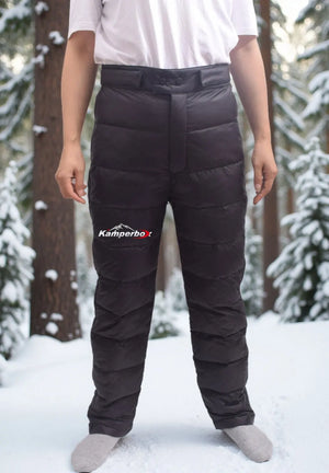 Lightweight winter down hiking pants for men and women by Hot Trend Vault, featuring warm insulation and a sleek outdoor design.