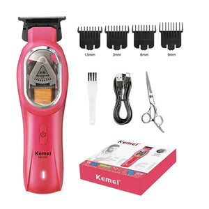 Kemei KM-8502 cordless hair clipper kit for home grooming, includes clipper, combs, and accessories for precise hair trimming.