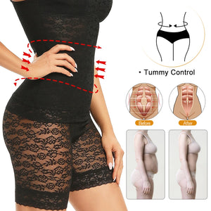 High waisted Miss Moly shapewear body shaper shorts with lace detailing for women, providing firm control and a smooth silhouette.