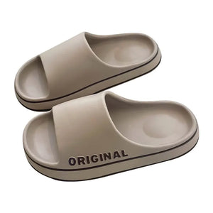 Women’s beach slides by Hot Trend Vault featuring letter design, thick sole, anti-slip grip, indoor casual slippers.