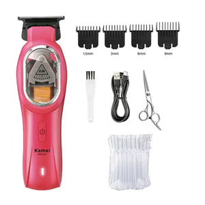 Kemei KM-8502 cordless hair clipper kit with multiple attachments for home grooming, shown with blades and accessories.