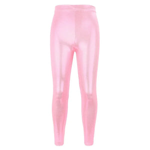 Girls shiny metallic ballet leggings by Hot Trend Vault, high elastic, breathable dance pants for costumes, shown in reflective silver fabric.