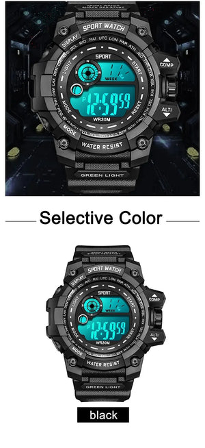 Men's LED digital watch by Hot Trend Vault featuring luminous display, waterproof design, and military-inspired style.
