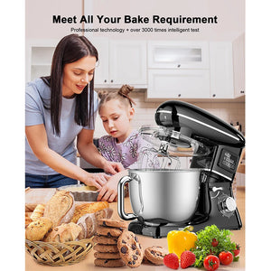 Hot Trend Vault Balashov 1500W stand mixer with automatic timing for home baking, shown on a kitchen countertop with mixing attachments.