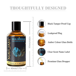 Hot Trend Vault Mayjam 100ml fragrance oil with sea breeze, coconut, vanilla, coffee, and bubble gum scent, with dropper for men and women.