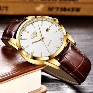 LIGE men's leather chronograph watch with waterproof military design, featuring a black dial and leather strap.