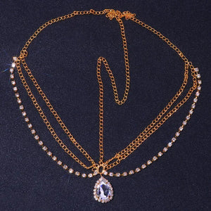 Sparkling crystal forehead chain for women by Hot Trend Vault, featuring a luxurious stone fan design for bridal headwear.