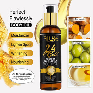 Close-up of AILKE 24K Gold Collagen Whitening serum bottle from Hot Trend Vault with gold accents and sleek design.
