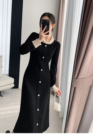 Elegant A Line Dress For Women Autumn Winter Regular Fit With Single Breasted Buttons And Peter Pan Collar