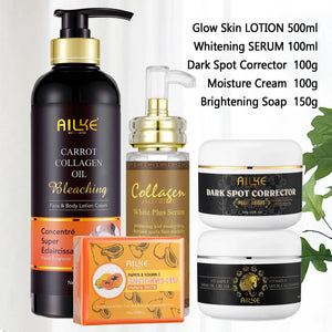 Unisex AILKE Collagen 5-in-1 skin care kit with bottles and jars for even tone and glowing skin, arranged on a neutral background.