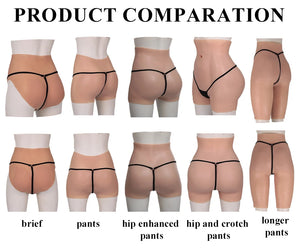 Hot Trend Vault drag queen silicone hip enhancer panties showing a crossdresser's buttock lift and cosplay costume under bright lighting.