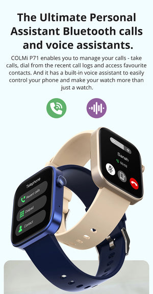 Hot Trend Vault COLMI P71 smartwatch displaying voice calling screen and health monitoring features on a unisex design.