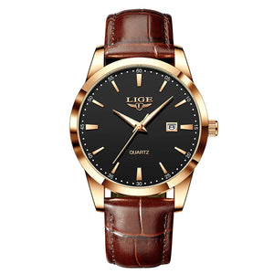 Men's LIGE leather chronograph watch with waterproof and military style features, displayed on a neutral background.
