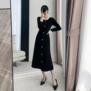 Elegant A Line Dress For Women Autumn Winter Regular Fit With Single Breasted Buttons And Peter Pan Collar