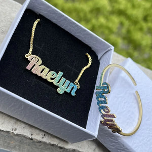 Colorful stainless steel gold nameplate necklace set for kids with custom name jewelry and bangles from Hot Trend Vault.