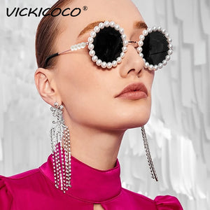 Pearl round sunglasses for women and men with small oval vintage style frames by VICKICOCO, luxury designer from Hot Trend Vault.