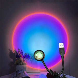 USB sunset light rainbow night lamp projector for bedrooms, with colorful sunset and rainbow design from Hot Trend Vault.
