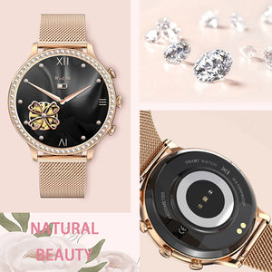 Smartwatch for women by Hot Trend Vault with call functionality and 100 sport modes, shown with a sleek black strap and digital display.