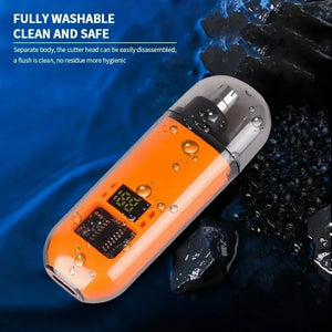 Hot Trend Vault nose hair trimmer with LED light, portable electric device for travel and daily grooming, shown with grooming head attached.