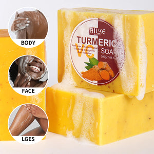Unisex AILKE Turmeric Skin Care Acne Lighten Pore Refining serum in a sleek bottle with turmeric illustrations