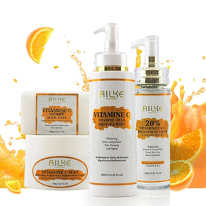 Unisex AILKE Whitening Skin Care Kit with Vitamin C, featuring brightening skincare products in sleek packaging.