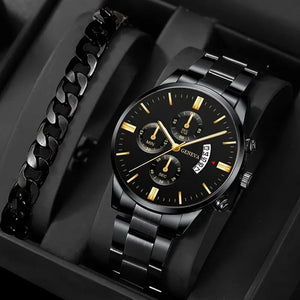 Deyros men's calendar quartz watch with luxury alloy band, round case, and bracelet clasp, displayed on a white background.