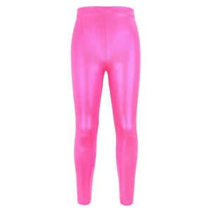 Girls shiny metallic ballet leggings by Hot Trend Vault, breathable high-elastic dance pants for costumes, shown in a reflective silver finish.