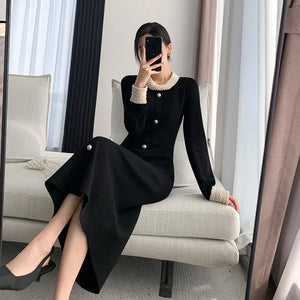Elegant A Line Dress For Women Autumn Winter Regular Fit With Single Breasted Buttons And Peter Pan Collar