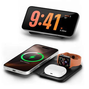 Wireless charger station for Apple devices with 3-in-1 fast charging capability, compatible with iPhone, Apple Watch, and AirPods.