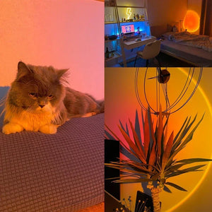 USB sunset light rainbow night lamp projector by Hot Trend Vault, showing a colorful sunset and rainbow projection on a bedroom wall