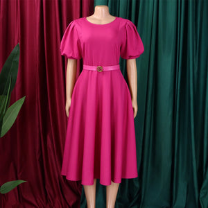 Elegant Dresses for Women 2026 New O Neck Short Sleeve Belt Waisted Pleated Mid Calf Fashion Ladies Birthday Party Dinner Dress