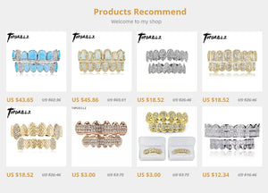 Iced Out CZ teeth grillz set in 14K gold plating for men and women, featuring top and bottom dental jewelry by Hot Trend Vault