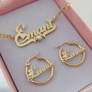Hot Trend Vault custom name heart zircon necklace and earrings set featuring sparkling zircon stones, perfect for personalized gift-giving.