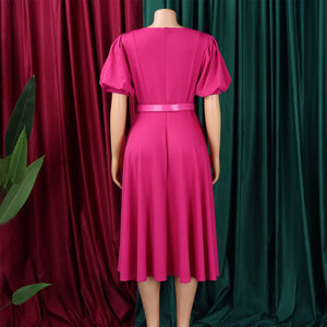 Elegant Dresses for Women 2026 New O Neck Short Sleeve Belt Waisted Pleated Mid Calf Fashion Ladies Birthday Party Dinner Dress