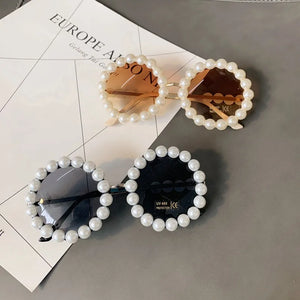 Pearl round sunglasses for women and men with small oval vintage frame, luxury designer style by VICKICOCO.