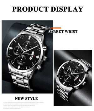 Deyros men's calendar quartz watch with luxury alloy band, round case, and bracelet clasp, featuring a sleek, modern design.