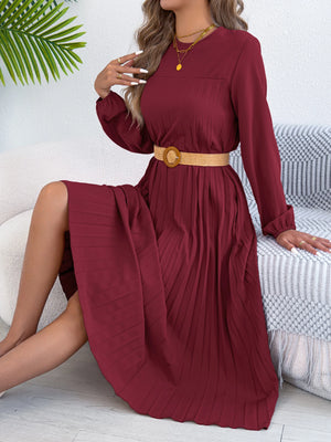 Elegant Dress Woman 2025 Retro Solid Color Round Neck Long Sleeve Pleated Dress without Belt 2025 Autumn Winter Women Clothing