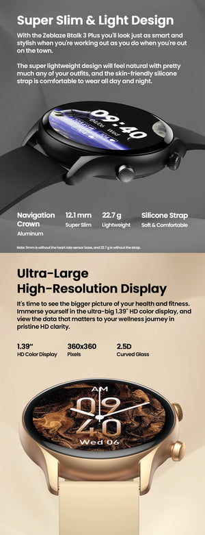 Zeblaze Btalk 3 Plus smart watch with voice calling display showing time and app icons, black band, digital screen.