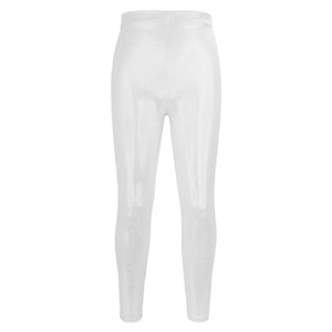Girls shiny metallic ballet leggings by Hot Trend Vault, breathable high-elastic dance pants for costumes, shown in a smooth, reflective fabric.