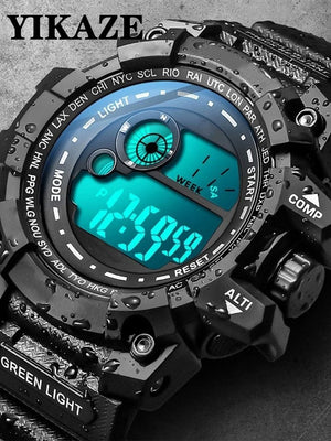 Men's LED digital watch by Hot Trend Vault featuring luminous display, waterproof design, military style, and sport functionality.