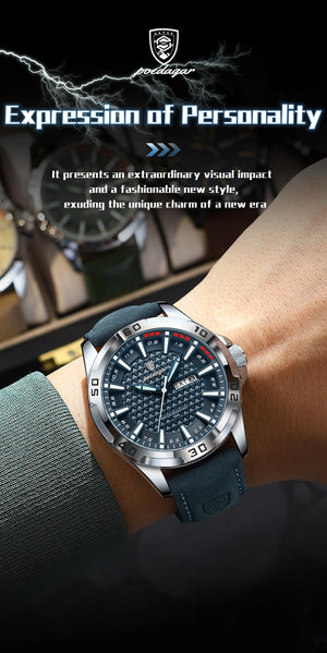 Men's luxury waterproof quartz leather watch with date display by Hot Trend Vault, showcasing a stylish and elegant accessory.